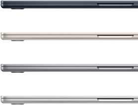 Čtyři zavřené MacBooky Air v dostupných barvách: temně inkoustové, hvězdné bílé, vesmírně šedé a stříbrné