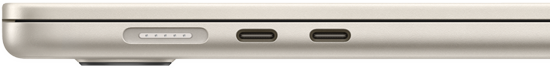 Port MagSafe se nachází na levé straně úplně vzadu. Dva porty Thunderbolt jsou umístěné na levé straně před portem MagSafe.