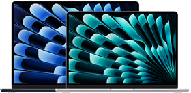 Pohled zepředu na 13palcové a 15palcové modely MacBooku Air, obrázek ukazuje velikosti displejů (měřeno úhlopříčně)