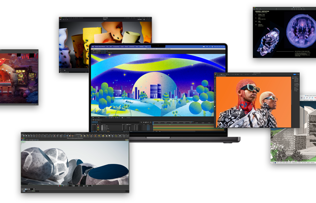 MacBook Pro se spuštěnými aplikacemi jako Adobe After Effects, Keynote, DaVinci Resolve, Autodesk Maya s rendererem Arnold, Adobe Photoshop, Houdini, SketchUp