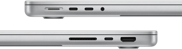 Pohled z boku na porty 14palcového MacBooku Pro s čipem M3 Pro: levá strana s portem MagSafe, dvěma porty Thunderbolt 4 a sluchátkovým konektorem, pravá strana se slotem na kartu SDXC, jedním portem Thunderbolt 4 a portem HDMI