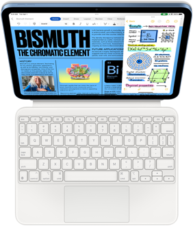 iPad připnutý k Magic Keyboard Foliu, na obrazovce jsou otevřené Pages a Poznámky ve Slide Overu