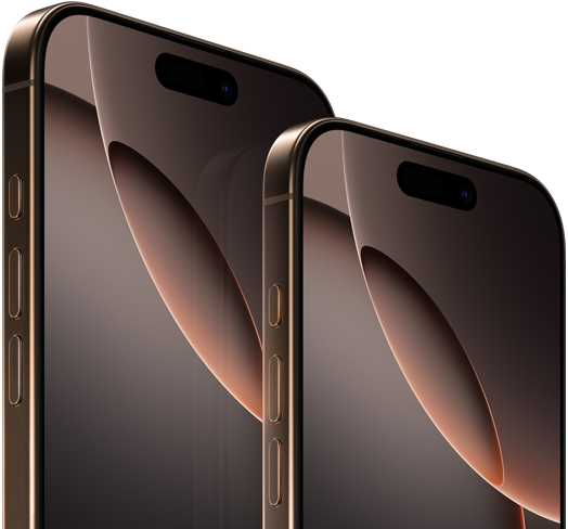 6,9palcový iPhone&nbsp;16 Pro&nbsp;Max a&nbsp;6,3palcový iPhone&nbsp;16&nbsp;Pro, pohled zepředu, akční tlačítko, tlačítka hlasitosti, Dynamic Island nahoře uprostřed