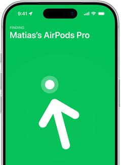 iPhone 17 Pro, aplikace Najít se zapnutou funkcí Přesné vyhledávání, text: Matiasovy AirPody Pro