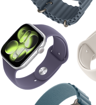 Řemínky k Apple Watch Series 11: mlžně fialový sportovní řemínek, ocelově modrý Oceánský řemínek, hvězdně bílý sportovní řemínek, světle modrý Alpský tah