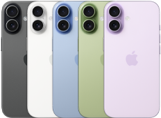 iPhone 17, pohled zezadu, dvojitá Fusion fotosoustava, všech pět barev naskládaných přes sebe: černý, bílý, šalvějově zelený, mlhově modrý a levandulový
