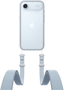 iPhone Air, pohled zezadu, blankytně modrá barva, Fusion fotosoustava nahoře, uprostřed logo Apple, světle šedý ochranný rámeček s připnutým crossbody popruhem